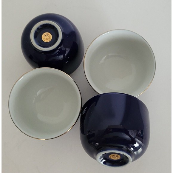 Vintage Japanese Porcelain Cobalt Blue Yunomi Sencha Tea Cups Flying Crane 4pcs - Picture 6 of 11